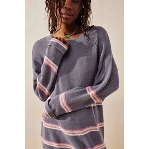 Free People Mariner Sweater Lollipop Combo sz Large Gray Knit Stripe Oversized
